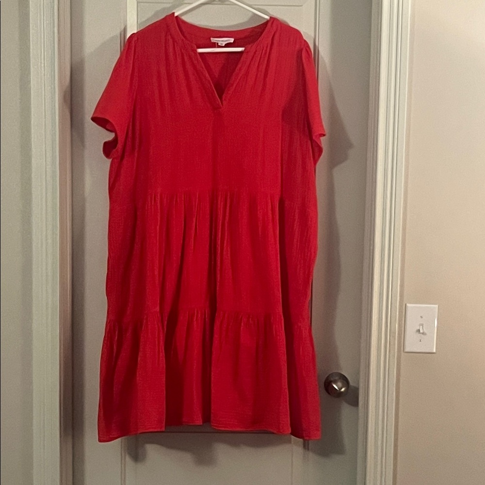 Lucky Brand Red Textured V-Neck Tiered Dress